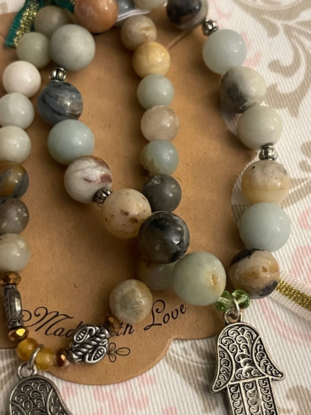 Natural Stone Hamsa Charm Stretch Bracelet - Multi-Color - Picture 4 of 5